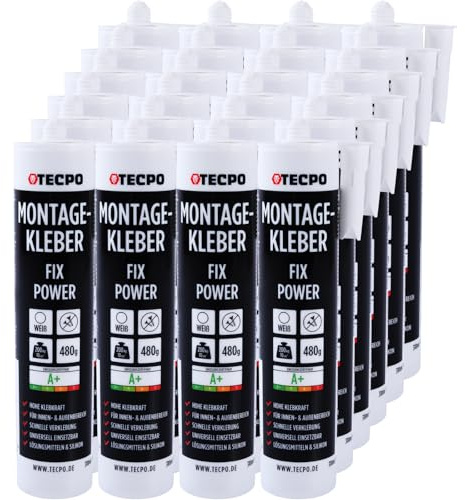 TECPO Montagekleber Fix Power, 24x 480g Universal Baukleber Kartuschen Kraftkleber 200kg 10 cm² für Akustikpaneele, Styropor, Sockelleite Innen und Außen schnelle Verklebung ohne Grundierung