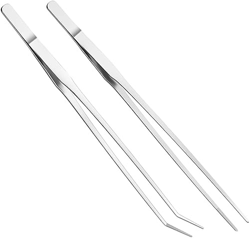 YIKUBO 2pcs Long Tweezers Curved Straight 27cm Stainless Steel Aquatic Plant Tweezers for Aquariums, Aquatic Plants, and Reptiles Aquascaping Tools Silver