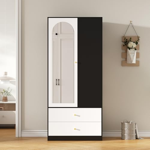 Moimhear Armario de 80 × 40 × 180 cm, armario moderno, con espejo, 1 puerta, 2 cajones y 4 estantes, blanco+negro, para dormitorio