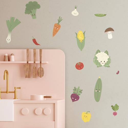 Klebekerlchen® | Wandtattoo Kinderzimmer Mädchen & Junge, Wandsticker selbstklebend, wiederverwendbare Kinderzimmer Deko – Fröhliche Gemüse Sticker (Set mit 20 Motiven)
