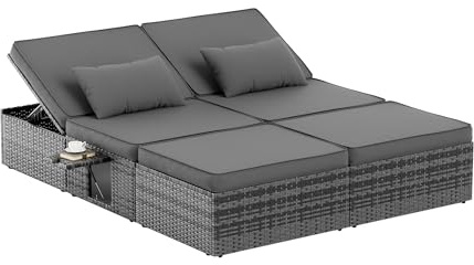 Amopatio Sonnenliege 2 Personen mit Klapptisch, XXL Wetterfest Gartenliege 200kg Belastbar, 200x160x30cm Rattan Doppelliege Gartenlounge Liegestuhl Verstellbar für Garten, Balkon & Terrasse, Grey