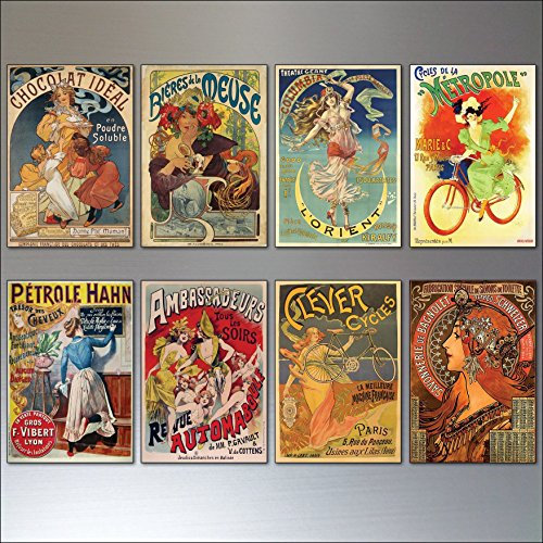 A set of 8 Vintage French Art Nouveau Bohemian Poster Prints Fridge Magnets - No.1