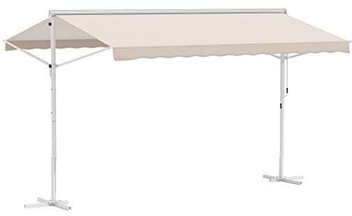 Outsunny Standmarkise Freistehende Markise 4x3 m Gartenmarkise mit Faltarm Kurbel Sonnenschutz Terrassenüberdachung für Outdoor Garten Terrasse Cremeweiß