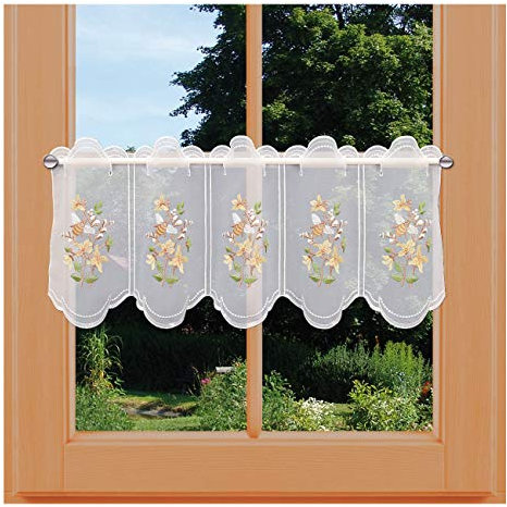 Bestickte Scheibengardine Weidenkätzchen mit Biene Vogtländische Spitze | Stickerei-Bistrogardine für Frühling und Sommer | fröhliche Fensterdeko mit Blüten-Stickerei | Höhe x Breite 60 x 80 cm