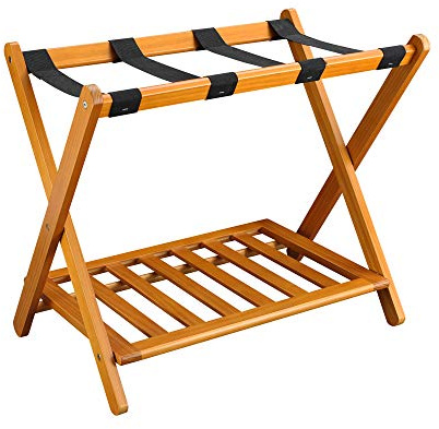 Casual Home Foldable Solid Wood Fully-Assembled Luggage Rack, 26.75Wide with Shelf, Honey Oak