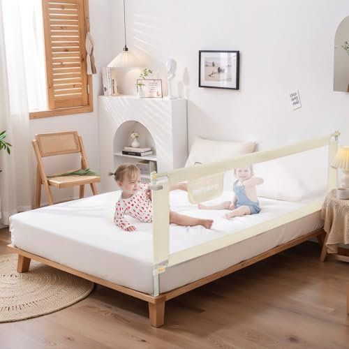 178 cm Bettgitter für Kleinkinder, zusammenklappbar, Sicherheits-Babybettschutz, Schaukel-Bettgitter für Kinderbett, Doppelbett, volle Größe Queen & King Matratze, Beige [verbessert] (1 Packung)
