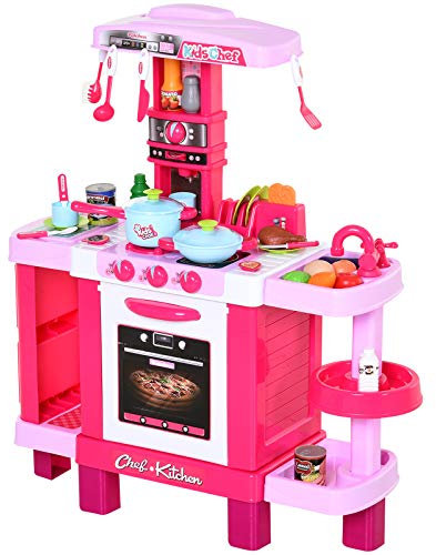 HOMCOM Cocina de Juguete para Niños Mayores de 3 Años con 38 Accesorios Luz Sonido Juegos de rol Temprano Educativo 78x29x87 cm Rosa