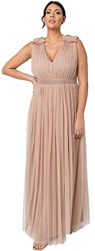 Maya Deluxe Damen Ärmelloses Abendkleid Mit Gerafftem V-ausschnitt & Hoher Taille - Hochzeitsgast Kleid Tüllkleid Bridesmaid Dress, Taupe Blush, 38 EU
