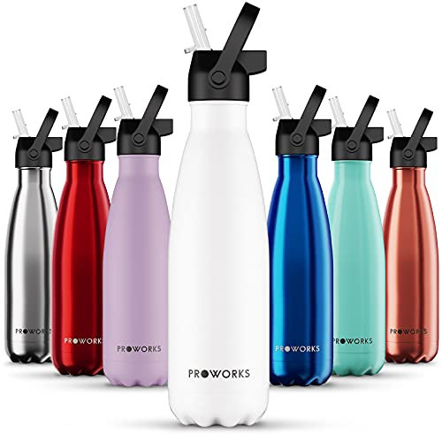 Proworks Bouteilles d'eau isothermes avec paille, 500 ml, pour l'école, le bureau et la maison. Garde vos boissons chaudes ou froides plus longtemps, gamme de styles – Blanc avec couvercle à paille
