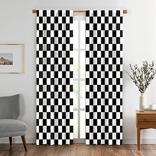 Svartvita fönstergardiner, draperier, rutig flagga, racerbil, kanal, vardagsrum, heminredning, 2 st, 132x244 cm