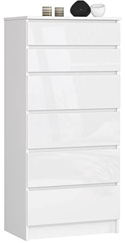 AKORD Kommode K60 mit 6 Schubladen | für das Wohnzimmer Schlafzimmer Schrank Büro Arbeitszimmer | Modernes Funktionales Design | B60 x H130 x T40 cm, Gewicht 43kg | Weiß/Weiß Glänzend