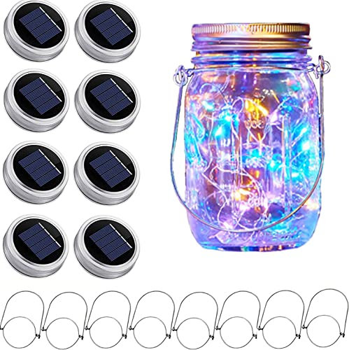 Solar Mason Jar Lid String Lights, 8 Pack 20 Led String Fairy Star Firefly Jar Lids Lights with 8 Hangers Included (Jars Not Included), for Mason Jar Patio Garden Wedding Lantern (Multi-Colored)