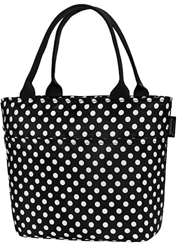 AOSBOS Kleine Kühltasche für unterwegs Leicht Lunchbag Mini Lunchtasche Damen Isoliertasche Faltbar Frühstückstasche Wasserdicht Meal Prep Tasche Luch Bag for Women Punkt Schwarz