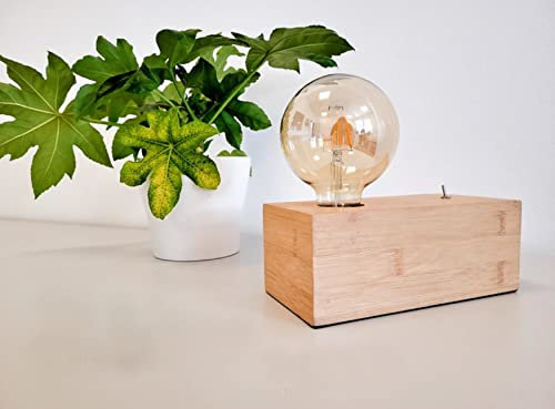 Trango 2020N-4W Tischleuchte *WOODY* Nachttischlampe Holz Natur im Landhaus Look Retro 20x10x8cm mit Schalter inkl. 4 Watt LED Leuchtmittel E27 Gold 2500K Schreibtischlampe industriell Wohnzimmerlampe