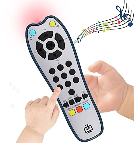 KOESMG Baby Realistic TV Fernbedienung Spiel mit Licht und Ton, Upgrade einstellbare Lautsprecher, Frühe pädagogische Musikspiele mit 3-Sprache, Geschenk Spiel für 3+ Monate Jungen oder Mädchen