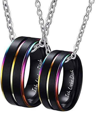 AMDXD Kette Paare mit Gravur Edelstahl mit Gravur Ich Liebe Dich, LGBT mit Regenbogen Kante Partner Kette für Ihn 2er Ringe Anhänger, Schwarz, Breite 8MM Länge 60cm/ 50cm