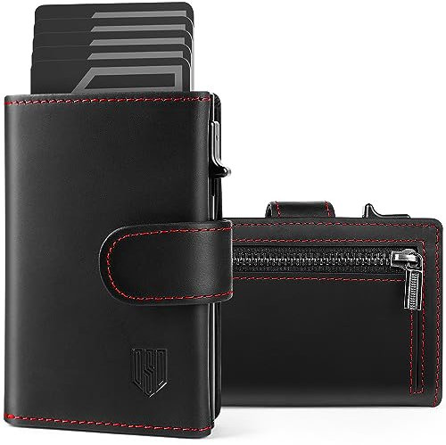 DODENSHA Porte Carte Credit Homme, Portefeuille RFID Homme, Porte Carte Bancaire avec 1 Compartiment pour espèces, 1 étui en métal Pop up pour 8 à 10 Cartes (Noir et Rouge)
