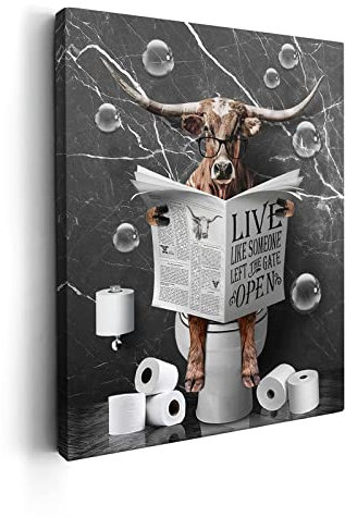 Kasluolo Texas Longhorn Kuh Badezimmer Wandkunst Lustige Hochland Kuh in Toilette Badezimmer Bild Druck Gemälde Wanddekoration für Badezimmer Toilette Gerahmtes Kunstwerk 30,5 x 40,6 cm