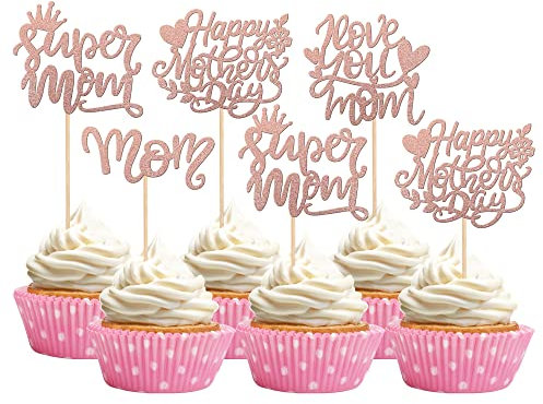 24 Stück Happy Mother's Day Cupcake Toppers Glitter Super Mom Cupcake Picks Love You Mom Kuchen Dekorationen für Happy Mother's Day Thema Frauen Geburtstag Party Kuchen Dekorationen Zubehör Roségold