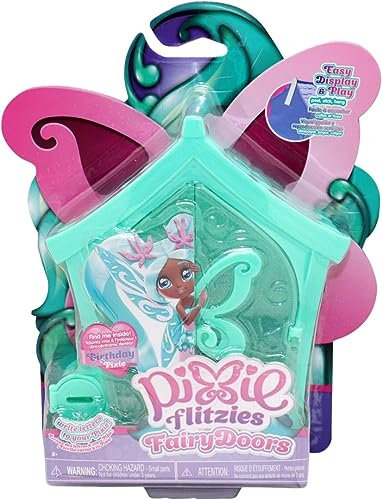 Pixie Flitzies Geburtstags-Pixie-Puppe inklusive Haus mit Türen, die Sich öffnen Lassen, 13 cm große duftende Puppe mit Haarbürste, Notizbuch und Sammelbogen, geeignet für Kinder ab 3 Jahren