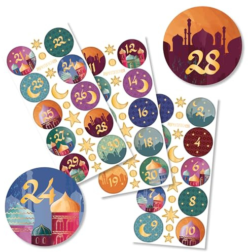 Papierdrachen 30 Zahlenaufkleber für Ramadan - bunt - gold foliert - Sticker Durchmesser von ca 4cm - zum Basteln und Dekorieren deines persönlichen Ramadankalenders - Eid Mubarak - Set 3