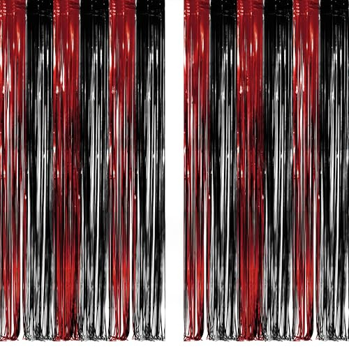 Black Red Foil Fringe Backdrop - GREATRIL Party Tinsel Curtain Streamers for Halloween Horror Stranger Casino Graduation Birthday Party - 1m X2.5m - 2 Packs