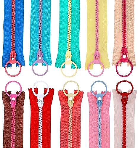 Cerniere in resina, chiusura lampo colorate, 10 pezzi, con anello Quoit, 10 colori, per sartoria, cucito, artigianato, vestiti (20 cm)