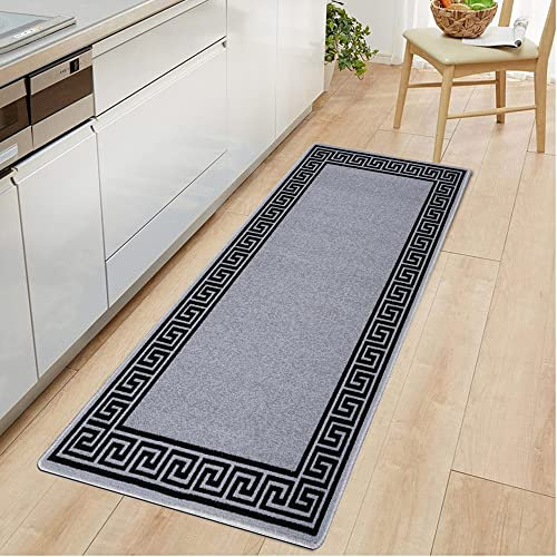 OZMIC Carpet Runners for Hallways Non Slip Long & Wide Heavy Duty Flat Weave Geometric Rug Indoor Stair Carpet Kitchen Floor Mats Runner Pet Mat | 80 X 300 cm - Silver & Black