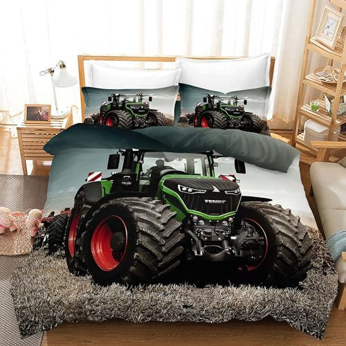 KGOSAUO Traktor bettwäsche 155x220 cm + Kissenbezug 80×80 cm×2 Wende 3D Gedruckter Jungen Traktoren Weich Mikrofaser Bettwäsche Deckung Set mit Reißverschluss