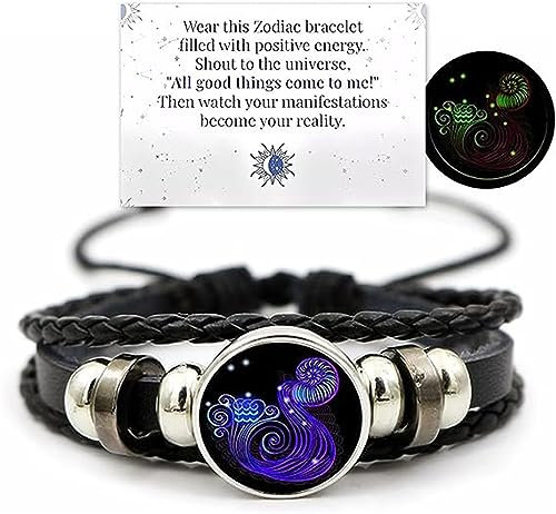 Zodiac Signs Spirit Bracelet,Handmade Woven Multilayer Adjustable 12 Constellation Zodiac PU Leather Bracelets Unisex,Glow in the Dark Zodiac Jewelry Gifts For Women Men (Aquarius)