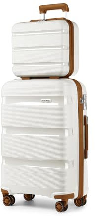 KONO Set di 2 Valigie + Beauty Case Trolley Bagaglio a Mano 55cm Rigida Trolley da Viaggio in Polipropilene con 4 Ruote Rotanti e Lucchetto TSA (14+20, Bianco crema)