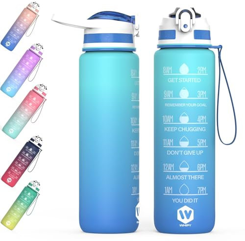 WHIPY 1L Water Bottle with Straw - Leak-Proof & BPA Free Reusable Sports Bottle - Motivational Time Markings for Hydration Durable Drink Bottle for Gym, Sports, Outdoor, Cycling (Green & Blue)