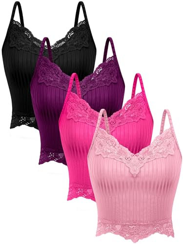 Bencailor 4 Stück Y2k Spitze Camisole Tank Tops Spitze Cami Crop Tops (Schwarz, Lila, Rosenrot, Rosa, S)