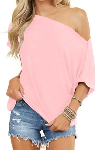Eniloyal Oberteile Damen Elegant Sexy One Shoulder Oversized T Shirt Damen Shirts Fledermausärmel Kurzarm Basic Tshirts Schulterfreies Tops Kurzarm Rosa L