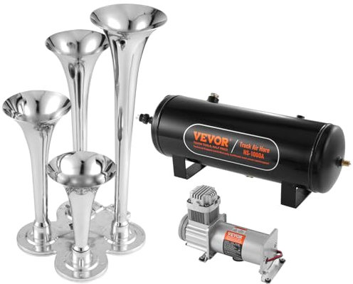 VEVOR Kit de 4 Bocinas de Trompeta Bocina de Automóvil de 150dB con Compresor de Aire de 110-160 PSI Tanque de Aire de 10L Bocina de Aire Universal de 12 V para Todos los Vehículos Trenes Barcos Auto