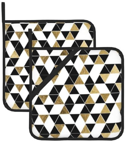 Wurton Set di 2 presine da cucina resistenti al calore, alla moda, moderne, con triangoli, colore nero, bianco, oro, stampa triangoli