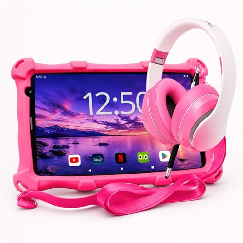 AngelTech Kinderpaket PRO MAX - Kinder Tablet PRO MAX + Kinder Kopfhörer - Android 16 - Kombi Paket - 8 Zoll HD - 4 + 4 GB RAM - 64 GB ROM - Octa 8 Core (Kinderpaket Rosa)