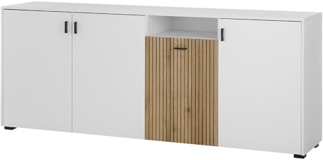 Lomadox Sideboard Anrichte Kommode Schrank Wohnzimmerschrank weiß matt Eiche gerillt 200x79,6x42 cm