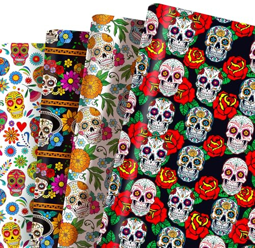 12 Blätt Tag der Toten Geschenkpapier,Doppelseitig Bedrucktes Geschenkpapier 4 Arten Blatt Dia de los Muertos Deko für Tag der Toten Halloween Urlaub Geburtstag,50 x 68 cm