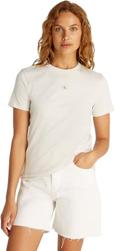 Calvin Klein Damen T-Shirt Kurzarm Woven Label Regular Tee aus Baumwolle, Weiß (Chalk), M