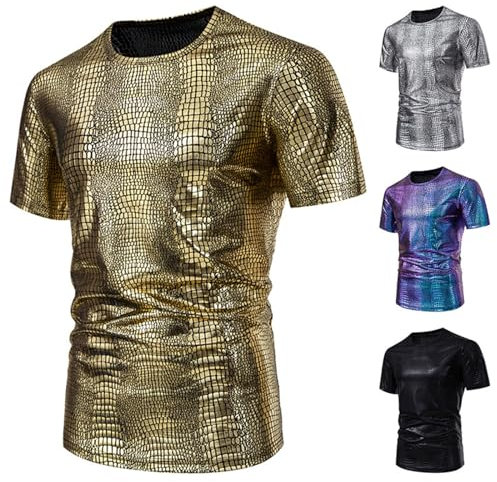 kosopse La Herren Hemd Herren Relaxed Short Sleeve Turndown Sparkles Pailletten Polos Shirts 70er Jahre Disco Nachtclub Party T-Shirts Hemd Kunstleder Herren (a-Black, XL)