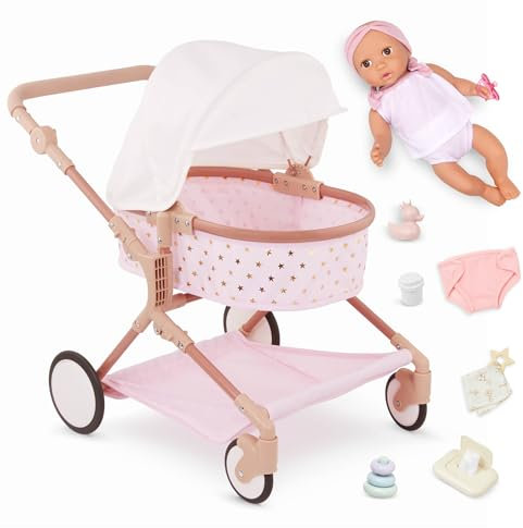 LullaBaby - Puppen Doppelkinderwagen Set - Puppen- und Zwillingskinderwagen-Zubehörset - Foldable Canopy & Storage Basket - Rosa & Goldener Sternenaufdruck - Spielzeug für Kinder ab 2 Jahren