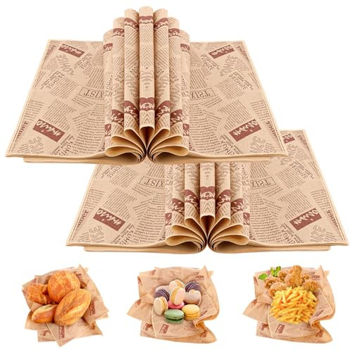 CYEER 200 Blatt 38x28CM Backpapier Zeitungsoptik, Käsepapier Backpapier Zuschnitte Butterbrotpapier Antihaft Bienenwachstücher Burger Papier für Pizza, Burger, Sandwich, Brot, Fleisch