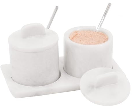 SPESHSTONES Marble Salt Cellar With Lid and Tray 4 Inch White Flaky Salt Box for Dining Table Decor - Set of 2 Seasoning Containers, Spice Jars & Sugar Bowl With Spoon for Kitchen Countertop Storage