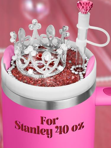 Toykee Namensschild-Aufsatz für Stanley-Becher, 1,2 l, hellrosa Krone mit Diamant-Strohhalm-Abdeckung, niedliches Dekorations-Zubehör für Becher, Wasserflasche, Glitzer-Bling-Dekor für Frauen und