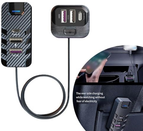Cargador de coche multipuerto de carga rápida, cuenta con una potente salida de 66 W y un cable convenientemente largo