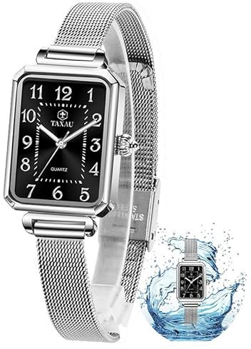 Taxau Damen UhrenKompakt Damen Armbanduhr Einstellbar Anspruchsvoll Damenuhren Silberner Gurt Luxus Uhr Wasserdichtes Schwarzes Zifferblatt Quarzwerk Womens Watch