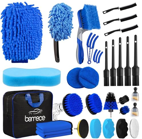 Bemece 31-Pcs Car Detailing Kit, Thorough Exterior/Interior Cleaning (Blue) | Car Cleaning Kit, Scratch-free, for wheels/vents/dashboards/upholstery/tight crevices, car/motorbike, wet/dry, storage case
