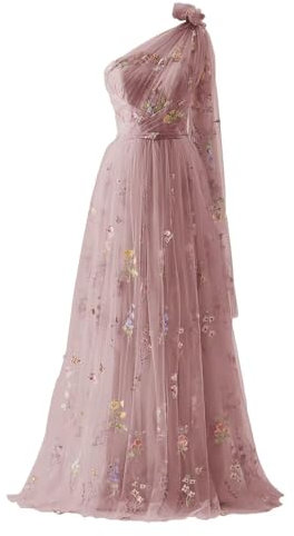 YIANN Robe de bal en tulle brodée de fleurs pour femmes, robes de soirée formelles à une épaule florale, vieux rose, 40