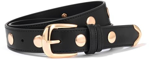 GOTOANT Nietengürtel für Damen, Ledergürtel für Jeans, Kleid, dünn, für Damen, Punk, Gothic, Taillengürtel, Vintage, Schwarz-goldene Schnalle, Fits waist size: 32-35